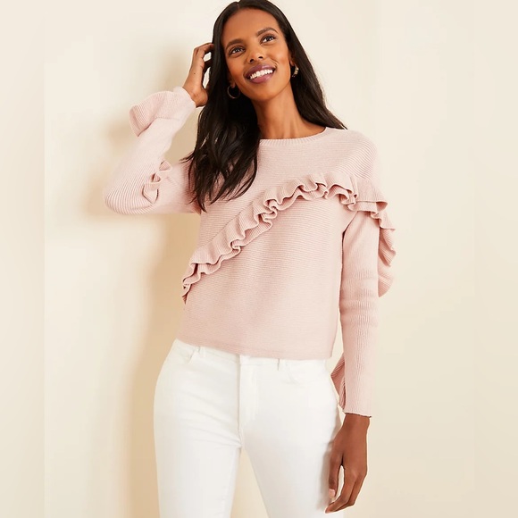 NWT Ann Taylor Pink Ribbed Ruffle Sweater Size Medium - Picture 3 of 8